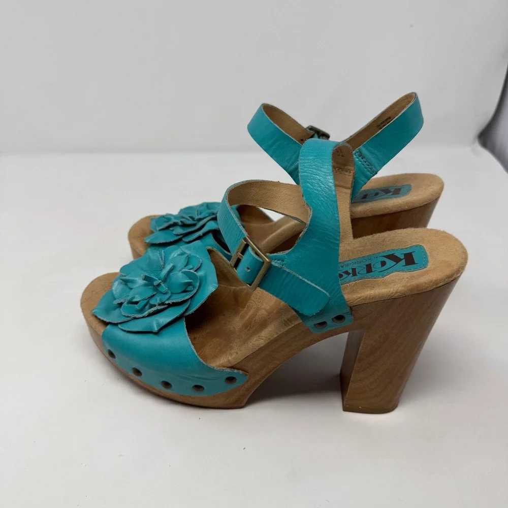 Korks by Kork-Ease Womens Turquoise Leather Floral Wood Platform Sandals Q65413